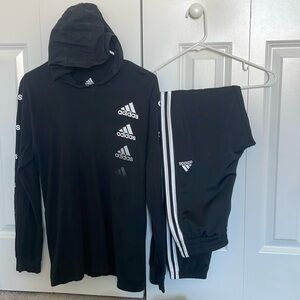 Adidas long sleeve shirt, pants, and shorts.